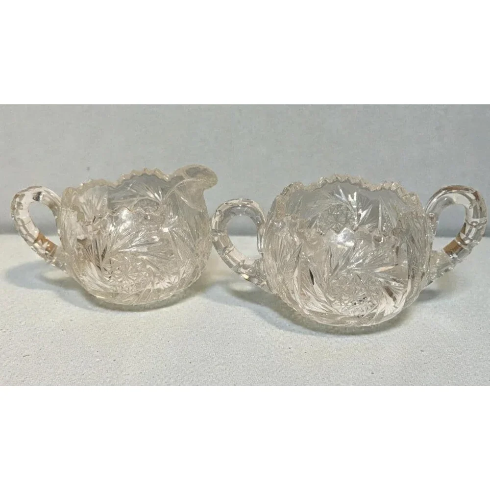 Vintage Cut Crystal Sugar & Creamer Set Scalloped Rim Cut Glass mid century